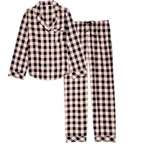 NWOT Victoria’s Secret Peach Black Buffalo Check Flannel Pajama Set W/ Pockets M - Picture 2 of 7